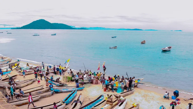 Drone image of a fishing village on the shores of Lake Malawi