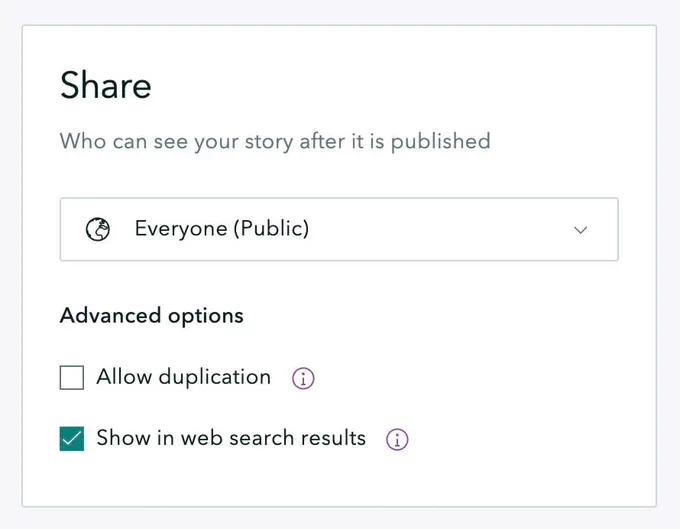 A screenshot of the ArcGIS StoryMaps story publication options with the Allow duplication checkbox