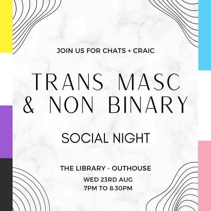 The image provides information on the event with the trans flag to the right and the non-binary flag to the left.