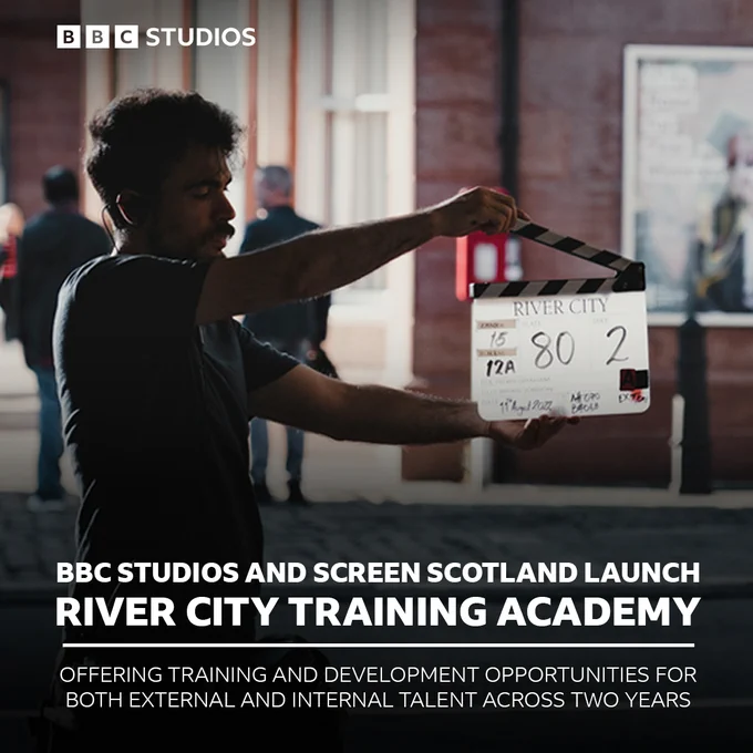 Composite image showing a person in shadow holding a River City clapperboard with a BBC Studios logo and the following text beneath it: “BBC Studios and Screen Scotland launch River City Training Academy, offering training and development opportunities for both external and internal talent across two years.”