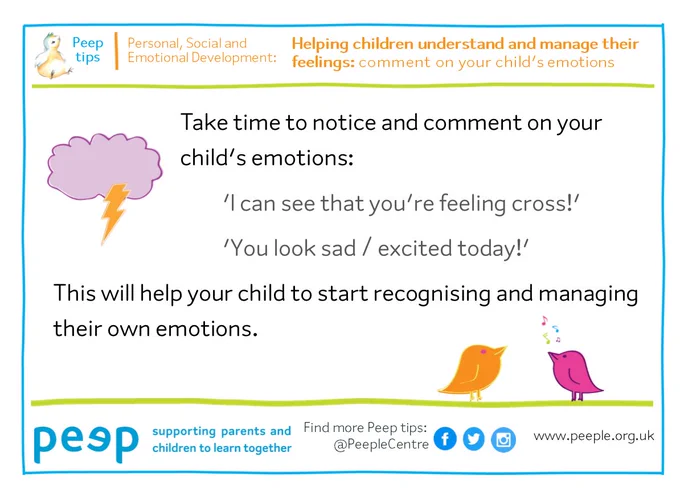 Peep Tio Helping children understand and maage their feelings 

Take time to notice and comment on your child's emotions:

I can see that you are feeling cross!

You look sad/ excited today! 

This will help your child start recognising and managing their own emotions 