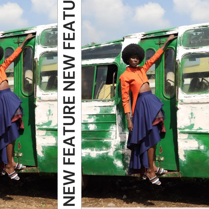 A continuation of the collage from the first photo. This image shows a model wearing an afro hairdo hanging from the closed door of a green weathered minibus. The model wears an orange cropped shirt and a navy-blue multi-layered high-low skirt with accents of  a maroon and orange checkered fabric.