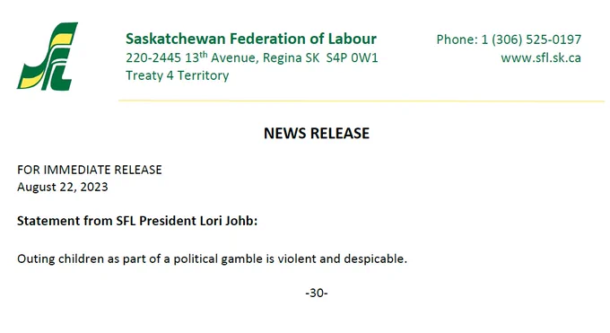 News release on SFL letterhead that reads "statement from SFL President Lori Johb: Outing children as part of a political gamble is violent and despicable."