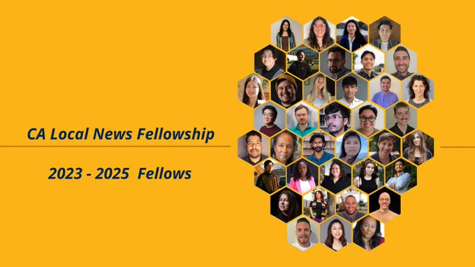 Collage of images of journalists on a gold background.