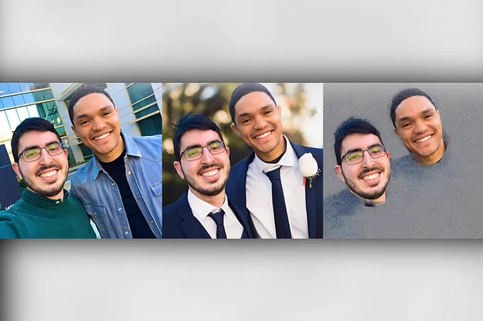 Three images of a man posing next to Trevor Noah. Each has the same face expression and pose. One has them in street clothes, another has them in suits and ties, while a third is just floating heads with a gray edited background.