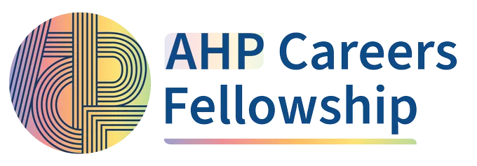 White background with circular logo with rianbow colcours adnd blue lines. Wording AHP Careers Fellowship in blue font
