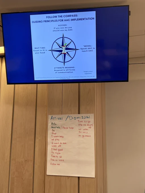 A presentation slide with a picture of compass and the four AAC implementation guidelines (access, model, attributing meaning, wait time). Underneath is a large piece of paper with core words and phrases under the title “Arrival/Dismissal”