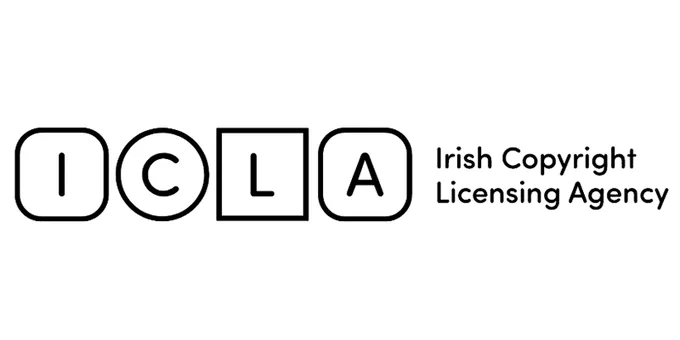 The Irish Copyright Licensing Agency (ICLA)'s official logo, showing each individual letter of "ICLA" in a square, square with rounded corners, or circle; and the the words Irish Copyright Licensing Agency in black font to the right of the icons. 