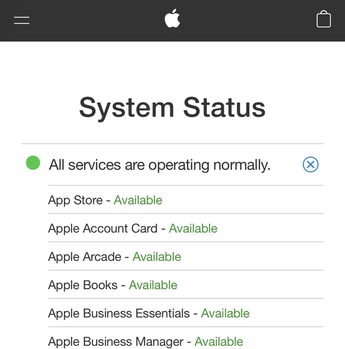 Screenshot of apple status page, what shows App Store with status: Available