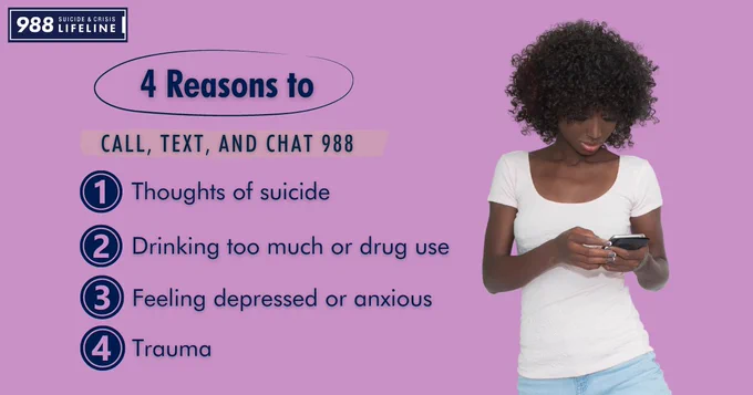 Purple graphic with a young Black woman in a white tee shirt texting on her phone. Text reads four reasons to call, text, and chat 988. Thoughts of suicide. Drinking too much or drug use. Feeling depressed or anxious. Trauma. 988 Suicide & Crisis Lifeline.