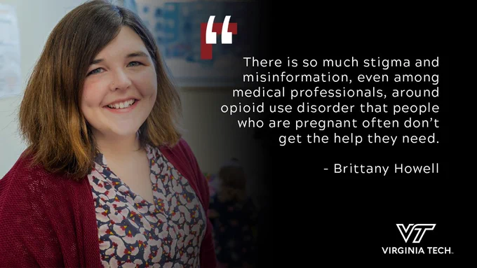 Brittany Howell (woman in patterned top with red cardigan) alongside quote: "There is so much stigma and misinformation, even among medical professionals, around opioid use disorder that people who are pregnant often don’t get the help they need"