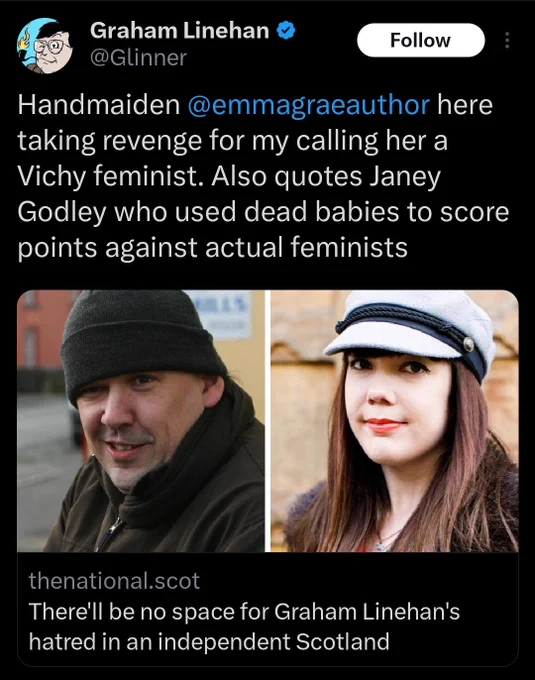 @glinner: handmaiden @emmagraeauthor here taking revenge for my calling her a Vichy feminist.  Also quotes Janey Godley who uses dead babies to score points against actual feminists