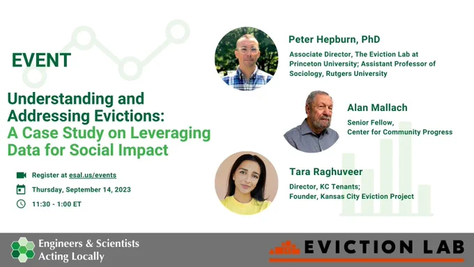 Graphic for event, "Understanding and Addressing Evictions: A Case Study on Leveraging Data for Social Impact". The event is on 9/14/2023 from 11:30-1:00 ET. The speakers are Peter Hepburn, Alan Mallach and Tara Raghuveer.