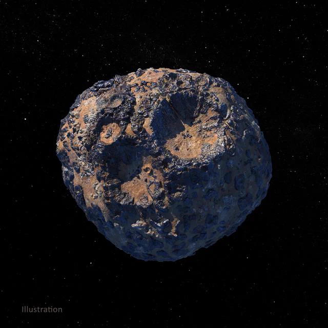 Illustration of the Psyche asteroid pockmarked with craters. Two large impacts craters dominate its surface.
