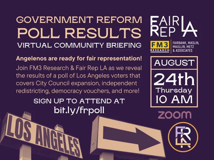 Graphic invitation to a virtual community briefing held by Fair Rep LA. The graphic is deep purple with gold elements. The text reads: Government Reform Poll Results Virtual Community Briefing. Angelenos are ready for fair representation! Join FM3 Research & Fair Rep LA as we reveal the results of a poll of Los Angeles voters that covers City Council expansion, independent redistricting, democracy vouchers, and more! August 24th, Thursday, 10am, zoom. Sign up to attend at bit.ly/frpoll
The graphic also includes the logos for Fair Rep LA and FM3 Research.