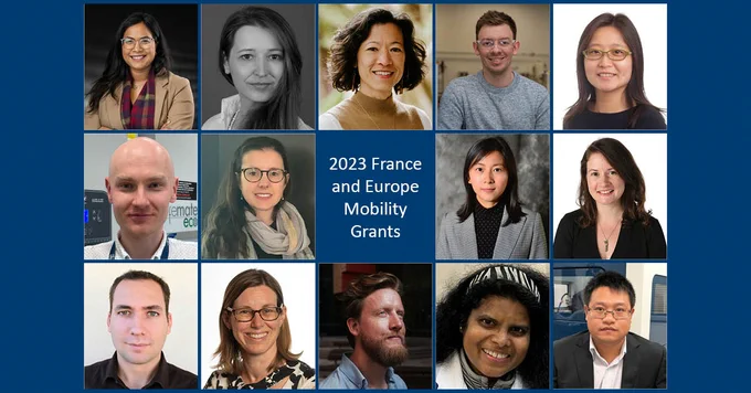 A grid of 14 faces is shown with the box in the middle that reads 2023 France and Europe mobility grants
