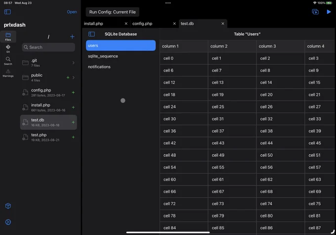 A screenshot of WebForge IDE, a web development environment for iOS. The screenshot shows an editor for SQLite databases. Displayed is the databases tables and the data for a table arranged in a grid layout.