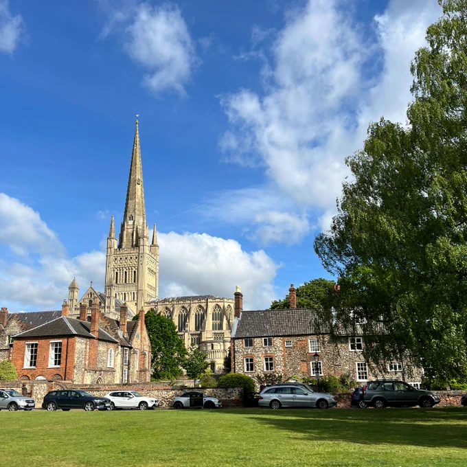 Norwich Cathedral with houses next to it and a line of cars with green grass