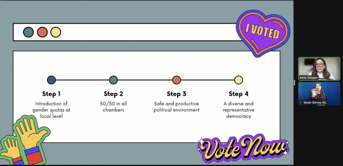 Screenshot of PowerPoint presentation with the following text:

Step 1: Introduction of gender quotas at local level 
Step 2: 50/50 in all chambers 
Step 3: Safe and productive political environment 
Step 4: A diverse and representative democracy 