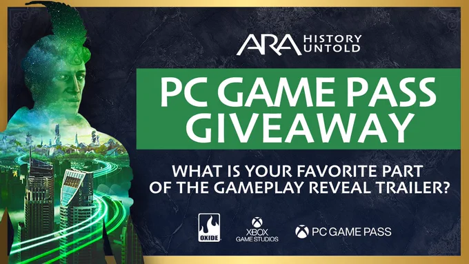 A green image of the leader Shaka from Ara's game art on a dark marble background, with copy that reads 'PC Game Pass Giveaway,' and a repeat of the 'grand strategy marathon' question from the Tweet copy.
