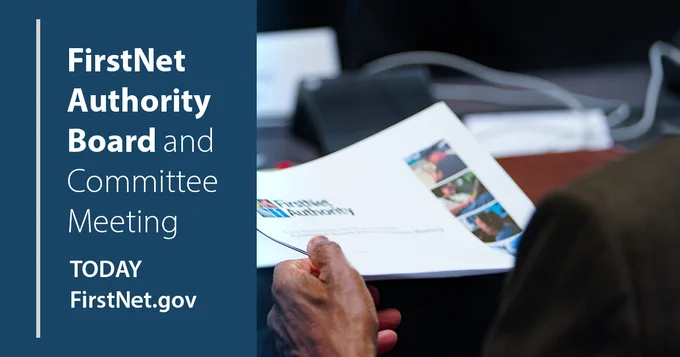 Close-up of a board meeting attendee reviewing printed event materials; "FirstNet Authority Board and Committee Meeting. Today. Firstnet.gov"