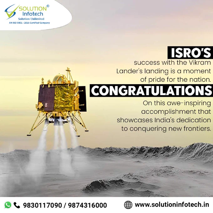 🚀 India Touches the Moon Again! Witness the Triumph of Chandrayaan 3 with ISRO's Incredible Vikram Lander Landing! 🌙🇮🇳

We couldn't be prouder of ISRO's monumental achievement, as they successfully land the Vikram Lander on the lunar surface once again! 🎉✨ This breathtaking accomplishment is a testament to India's unwavering commitment to exploring new frontiers and pushing the boundaries of science and technology! 🌌💪

Join us in celebrating this historic moment that marks India's indomitable spirit and quest for knowledge! 🙌🎇

#Chandrayaan3 #VikramLander #ISRO #MissionMoon #SpaceExploration #IndianSpaceAgency #LunarLanding #PrideOfIndia #Chandrayaan #SpaceScience #Indiaonthemoon #ISROachievements #SpaceMissions #IndianAchievements #ScientificBreakthroughs #MoonLanding #ExploringSpace #SpaceDiscoveries #Indiainspace #InspiringNation #AstroScience #SpaceResearch #SpaceTravel #India #jaihind #SolutionInfotech