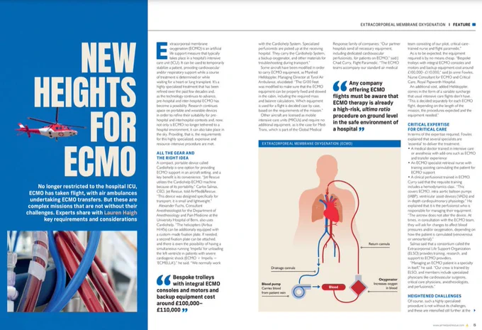 The opening two pages of a magazine feature about ECMO