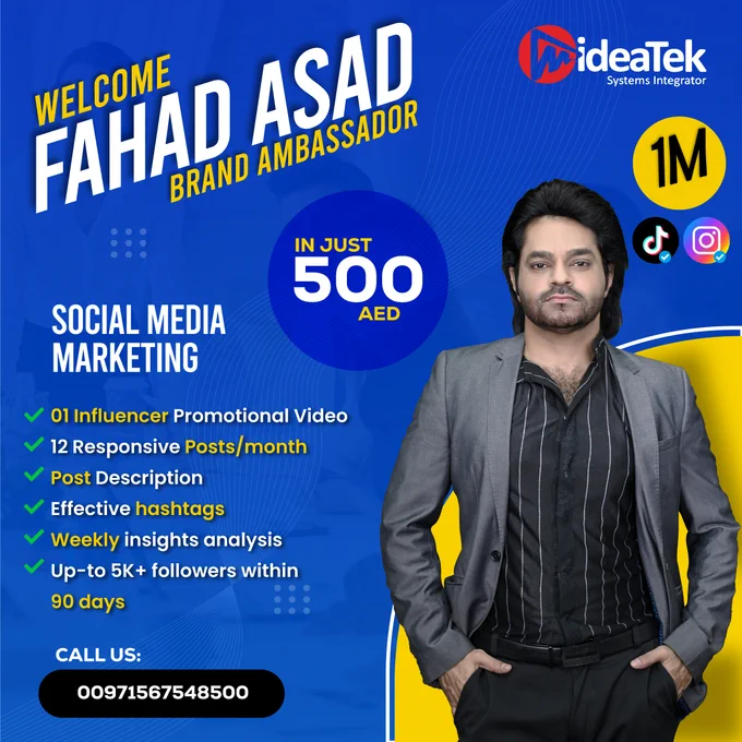 A very warm welcome to Mr. Fahad Asad, a shining social media influencer & content creator as a Brand Ambassador of Mideatek. With his fan following Mr. Fahad will now input his efforts to help businesses and influencers grow from the platform of Mideatek. 

You can now have a promotional video, a shout-out, and a ready reach to a 1 million community which will help you in
1. Increase your online presence
2. Generate new leads 
3. Promote Your Business 