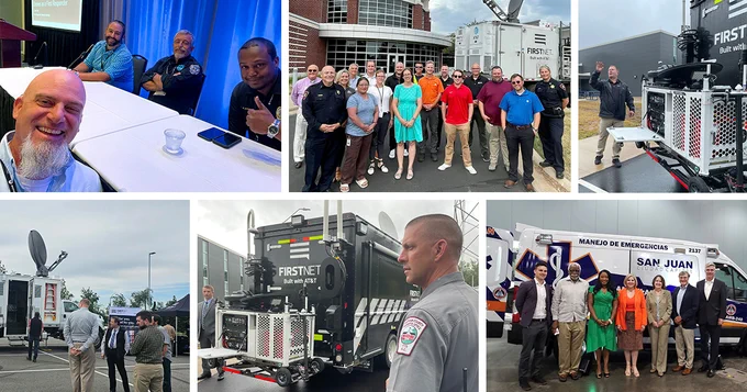 Travis Hull, Matt Sloane, Chad Tillman, and Lt. Abrem Ayana smile for a selfie at panel table; FirstNet staff, FirstNet Authority staff, and local public safety in Winnebago County, Wisconsin, standing in front of a SatCOLT; a gentleman talks near a FirstNet CRD on the back of a FirstNet emergency communications vehicle; FirstNet staff, FirstNet Authority staff, and local public safety stand near a SatCOLT; public safety from Chatham County Sheriff’s Office in North Carolina stands near a FirstNet CRD on the back of a FirstNet emergency communications vehicle; Kyle Richardson, Warren Mickens, Joceyln Moore, Alexandra Fernandez Navarro, Lisa Casias, David Cook, and Dave Buchanan stand in front of a San Juan ambulance