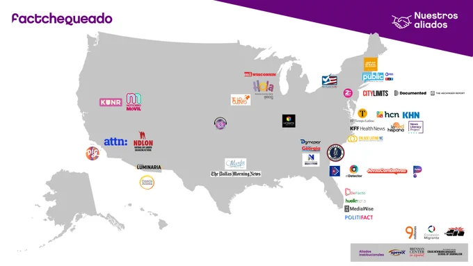 A map of the United States with the logos of media organizations located over their geographic coverage areas. 
