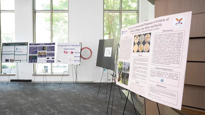 Research posters on stands in a room