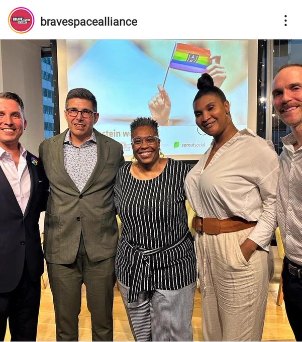 A screenshot from the BSA Instagram with a group photo of HBH CEO David Munar (second from left) and BSA CEO Channyn Parker (second from right) at a Pride event. This summer, the National Labor Relations Board determined that Howard Brown Health committed 20 Unfair Labor Practices against Howard Brown Health Workers United. 