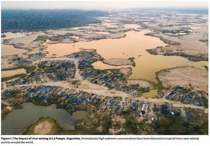 A drone image shows a landscape of mining pits filled with water in Peru.