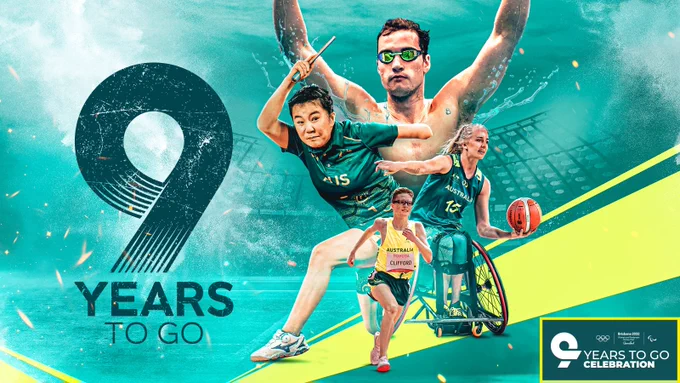 Action shots of 4 Australian Paralympians. In the back is a Brisbane stadium and Ben Hance wearing goggles and raising his hands in celebration. To the left is Qian Yan playing a table tennis shot with the paddle in her right hand. On the right is Amber Merritt playing wheelchair basketball. In the front is Jaryd Clifford running. To the left of the actions is text reading: 9 years to go. There is a logo in the bottom right corner of the image that says ‘9 years to go celebration’.