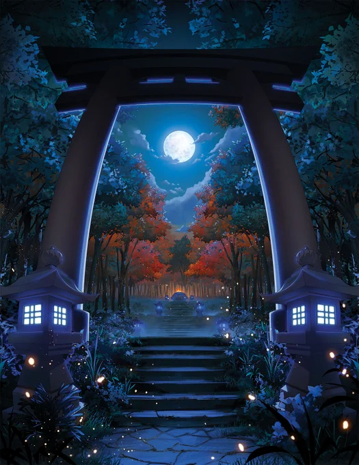 Night time. A Tori Gate and two glowing lanterns sit in the foreground. Behind it, a set of steps lead to a burning flame, illuminating the forest surrounding the space. In the sky, a full moon shines down.