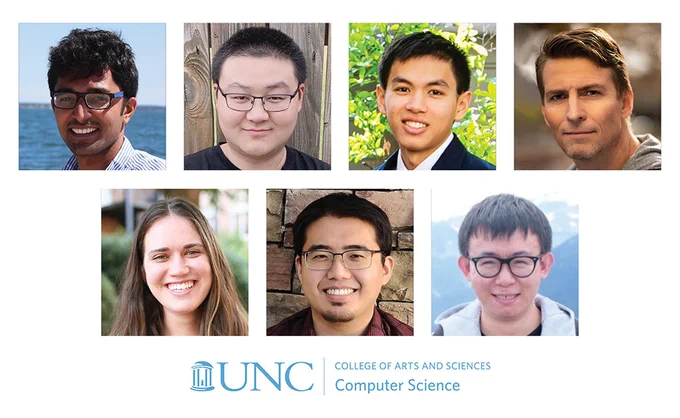 UNC CS 2023/24 faculty cohort. Pictured are new faculty Praneeth Chakravarthula, Tianlong Chen, Andrew Kwong, Richard Marks, Connor McMahon, Kevin Sun, and Huaxiu Yao.