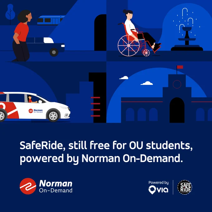 SafeRide/Norman On Demand poster. SafeRide, still free for OU Students, powered by Norman On-Demand. 