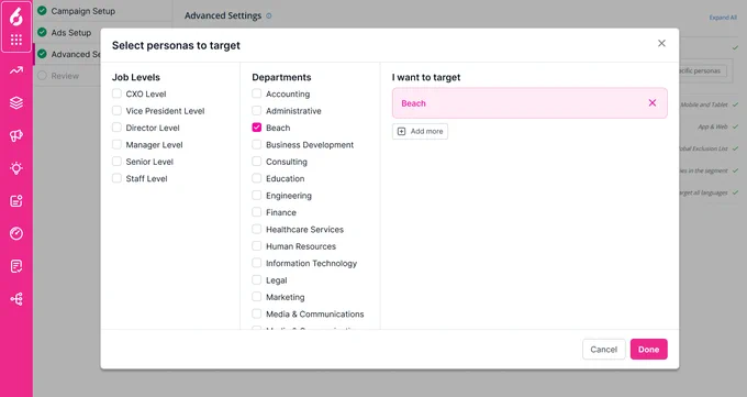 Mockup of 6sense advertising platform, modified with a pink interface and a "beach" targeting persona