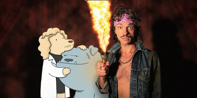 illustration of doc-tor frankenstein hugging big blue monster dog next to woody shticks, white guy with queer mustache holding a flaming mic... open jean jacket exposing hair, chains, naked chest