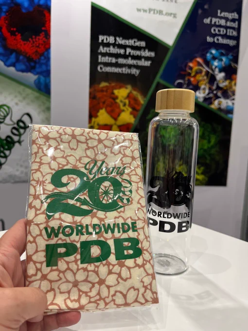 wwPDB-branded tea towel and water bottle in front of posters
