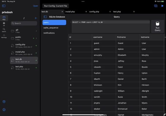 A screenshot of WebForge IDE, a web development environment for iOS. The screenshot is of the app open on an iPad, showing the SQLite plugin. A SQLite database is open and the users table is displayed. The table's data is laid out in a spreadsheet-like interface. There is an input for running custom SQL queries and a "Run Query" button at the top.