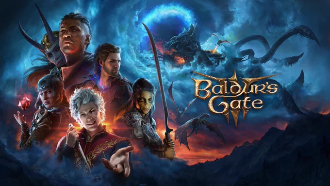 Baldurs Gate 3 logo with characters in the background. 