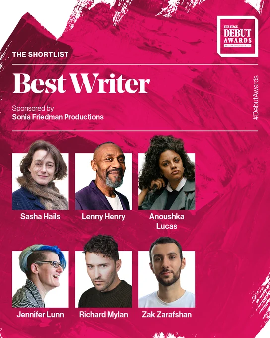 A pink graphic with 6 headshots on. There is white text at the top that says 'Best Writer'