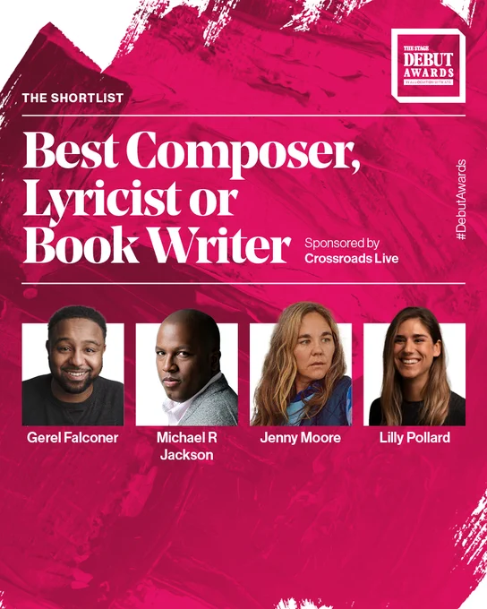 A pink graphic with 4 headshots on. There is white text at the top that says 'Best Composer, Lyricist or Book Writer'
