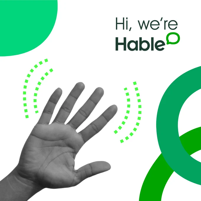 Decorative graphic with waving hand and the words "Hi, we're Hable."