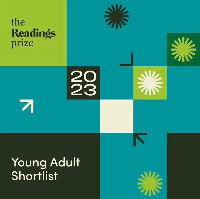 A teal and green graphic announcing the Readings Prize shortlist for 2023.