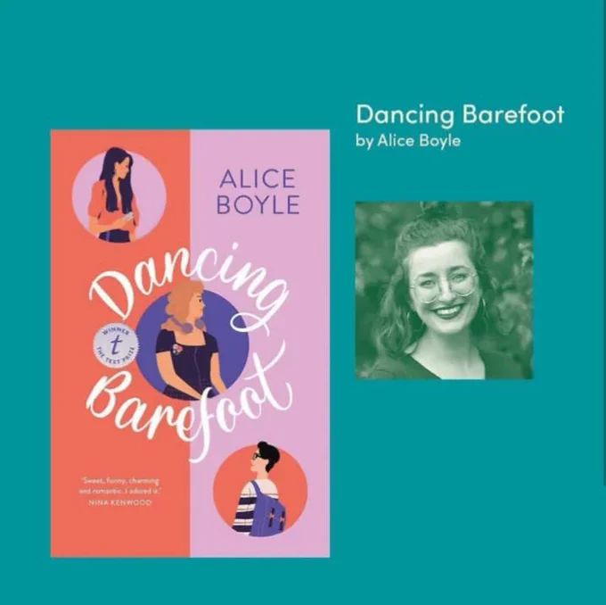 A graphic showing the cover of Dancing Barefoot and a photo of the author, Alice Boyle. The cover is pink and red and features illustrations of three teenagers. The author photo shows a woman with glasses and curly hair 