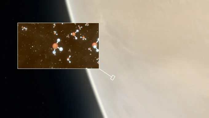 Künstlerische Darstellung der Venus, in deren Atmosphäre Astronomen 2020 möglicherweise erstmals das Spurengas Phosphin detektiert haben. Dafür wurden Daten des James-Clerk-Maxwell-Teleskops auf dem Mauna Kea (Hawaii) und des Atacama Large Millimeter/Submillimeter Array (Chile) ausgewertet. Phosphin könnte in der oberen Schicht der Wolkendecke vorhanden sein. Allerdings ist die Beobachtung in der Fachwelt umstritten.