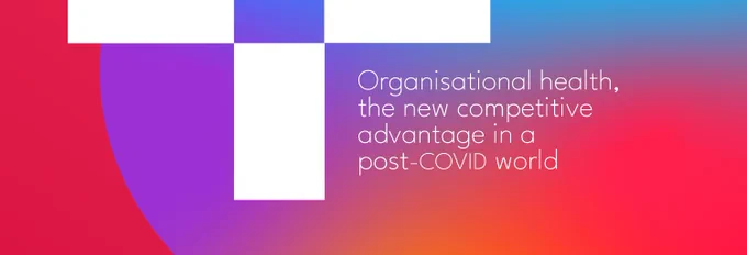 This image is a fragment of the booklet cover. On a wide aspect ratio, the composition consists of a soft red background and a big circle that covers the right 3/4 of the picture, only being visible part of its shape. The circle has a color gradient that includes the colors of EACA's branding (blue, purple, red and orange). On top of it, a white cross with a missing central square that goes beyond the limit of the picture, only being visible the bottom half of it. and the title of the booklet next to it, on its bottom right corner. "Orgnisational health, the new competitive advantage in a post-COVID world" in a thin, sans-serif and rounded font.