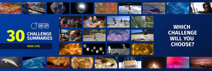 A gradient blue background with the NASA Space Apps Challenge logo on the left with text below stating "30" in yellow, "Challenge Summaries" in white and "Now Live!" in yellow with a variety of science themed images in the middle and "Which Challenge Will You Choose?" text on the right